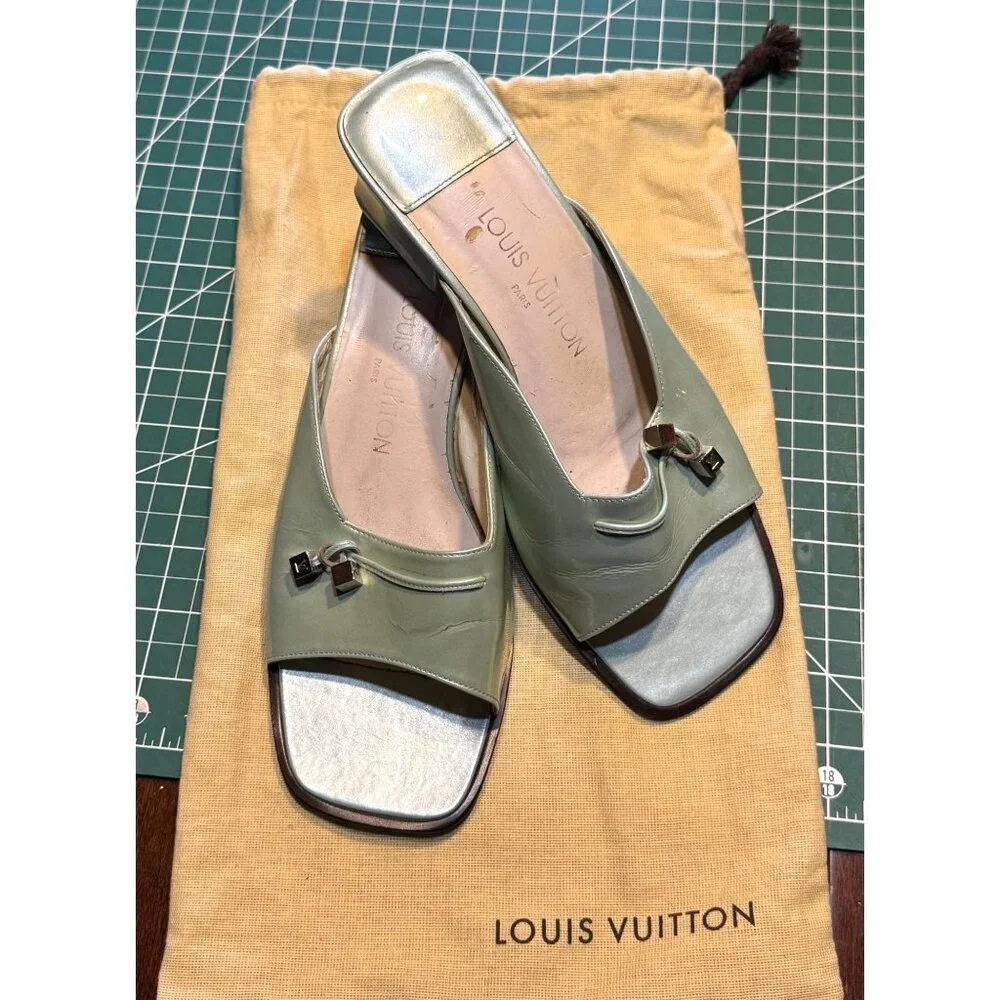 Louis Vuitton Ciabattine Green Slide Mules Womens Shoes Size 39 Leather Open Toe - Picture 1 of 4